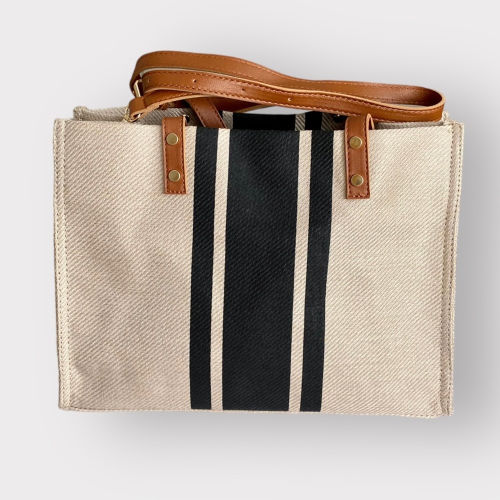Canvas Striped Tote Bag Purse Beige Black